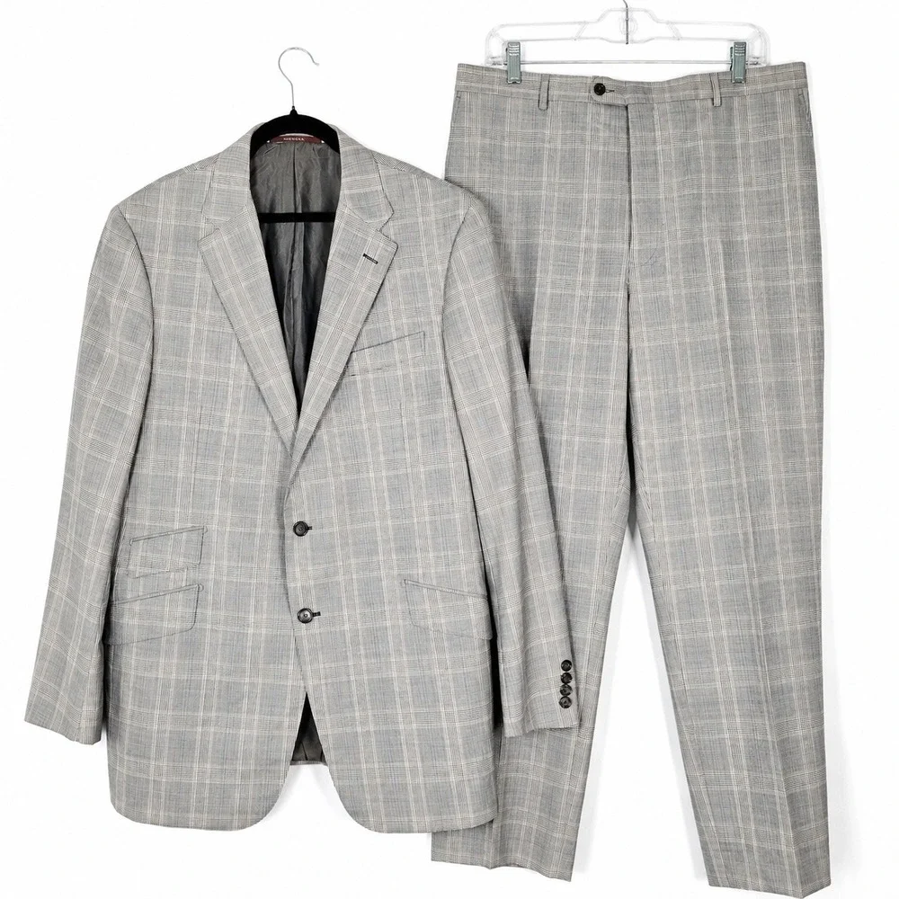 Hickey Freeman Suit Set Mens 46L 36x30 Grey Glen Plaid Wool Business Formal USA